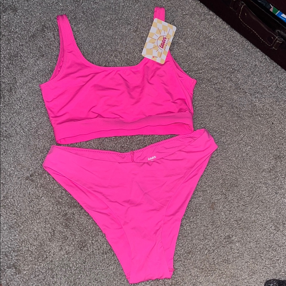 Hot Pink Two-Piece Bikini Swimsuit Set with Tank Style Top